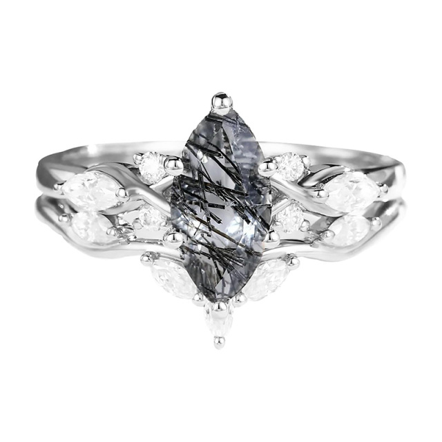 Aliança de casamento de prata esterlina com quartzo rutilado preto banhado a ouro branco-3