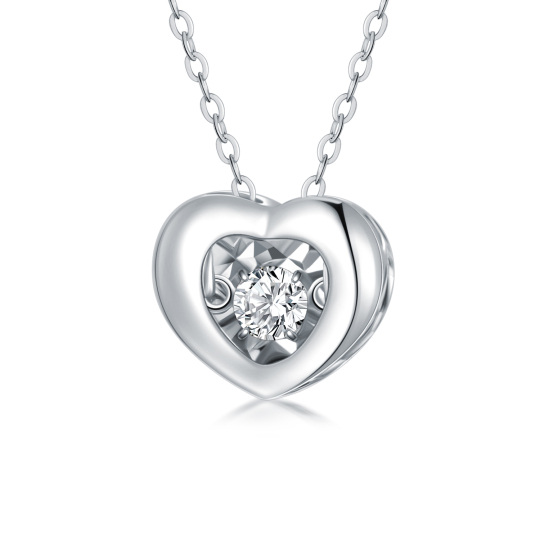 18K White Gold Circular Shaped Cubic Zirconia Heart With Heart Pendant Necklace