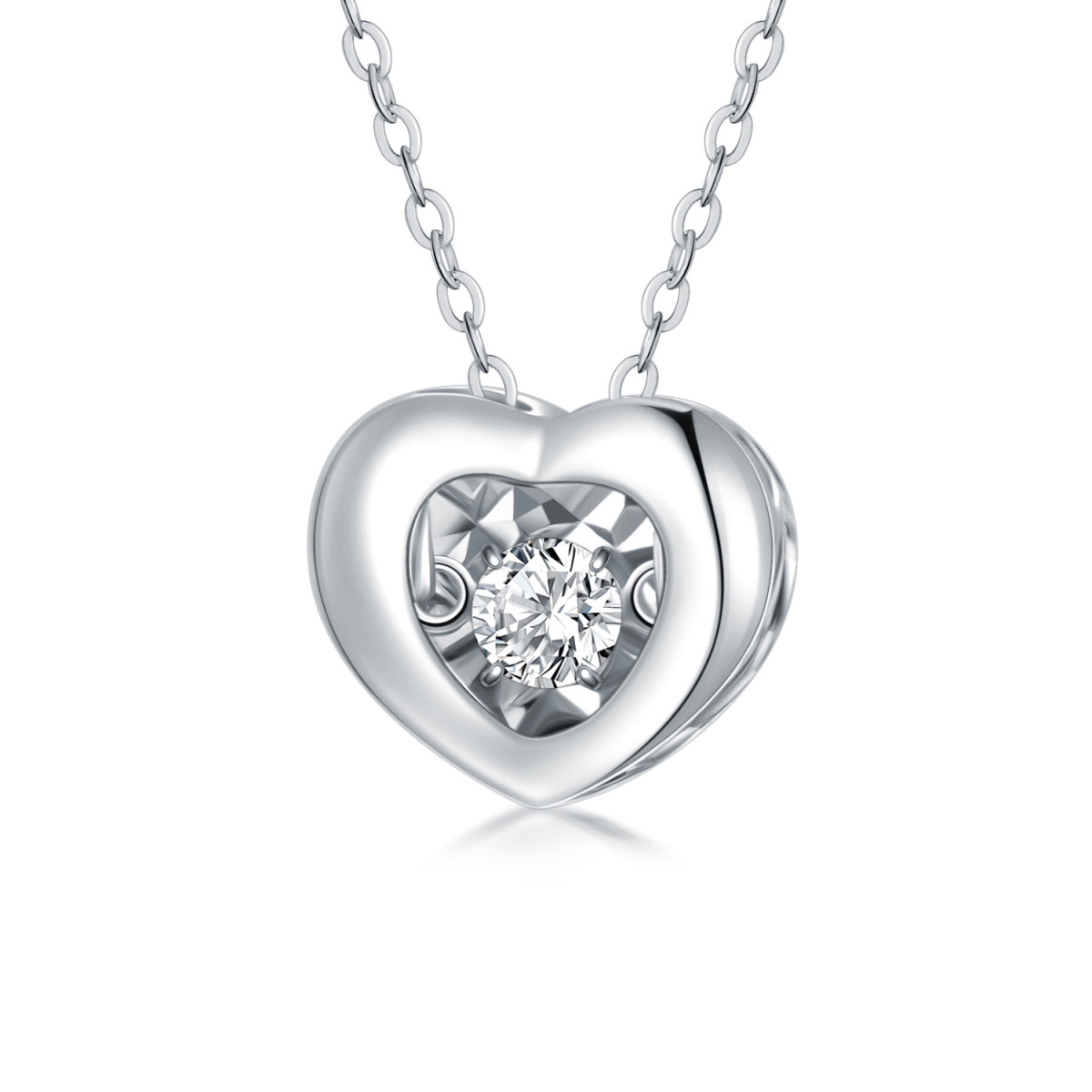 18K White Gold Circular Shaped Cubic Zirconia Heart With Heart Pendant Necklace-4