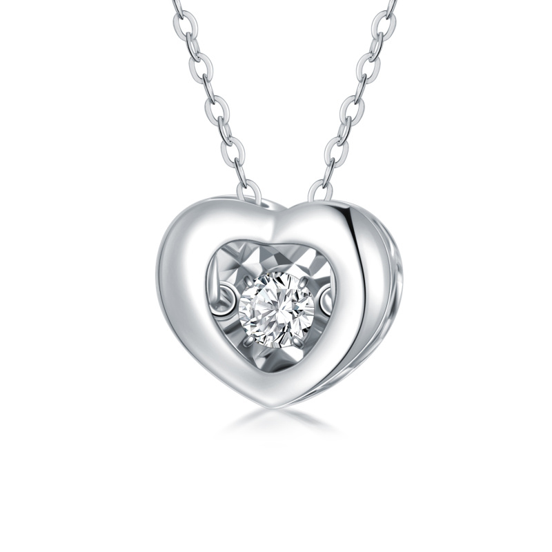 10K White Gold Circular Cubic Zirconia Heart Interlocking Pendant Necklace For Women-12