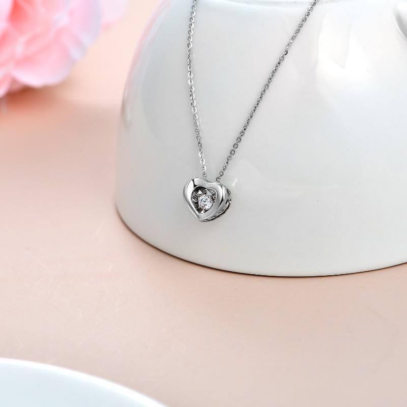 10K White Gold Circular Cubic Zirconia Heart Interlocking Pendant Necklace For Women-3