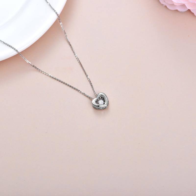 10K White Gold Circular Cubic Zirconia Heart Interlocking Pendant Necklace For Women-4