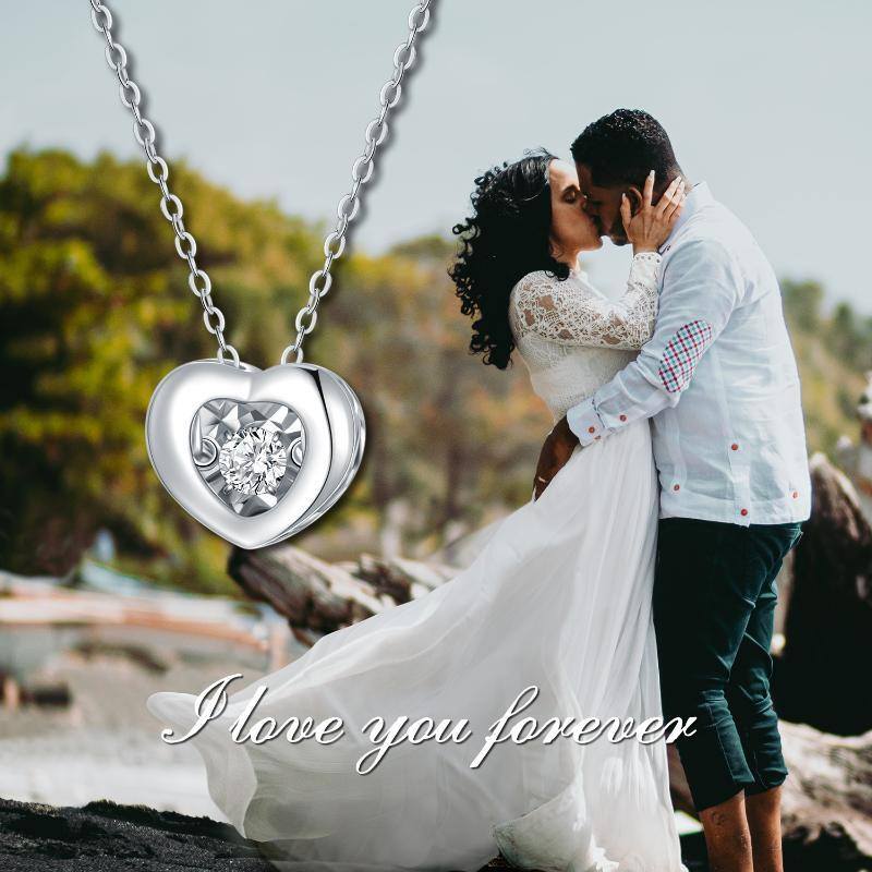 10K White Gold Circular Cubic Zirconia Heart Interlocking Pendant Necklace For Women-5