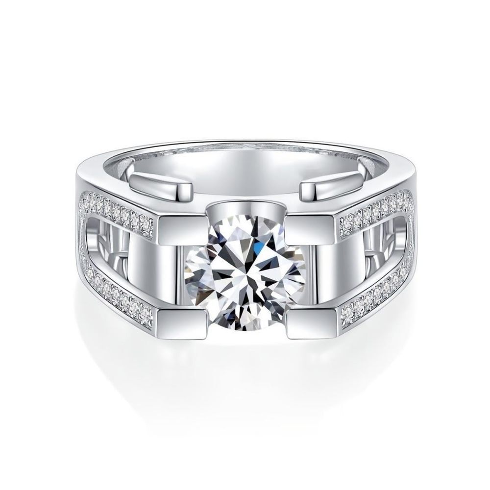 Anel de noivado Moissanite em ouro branco 9K em forma circular para homem-1