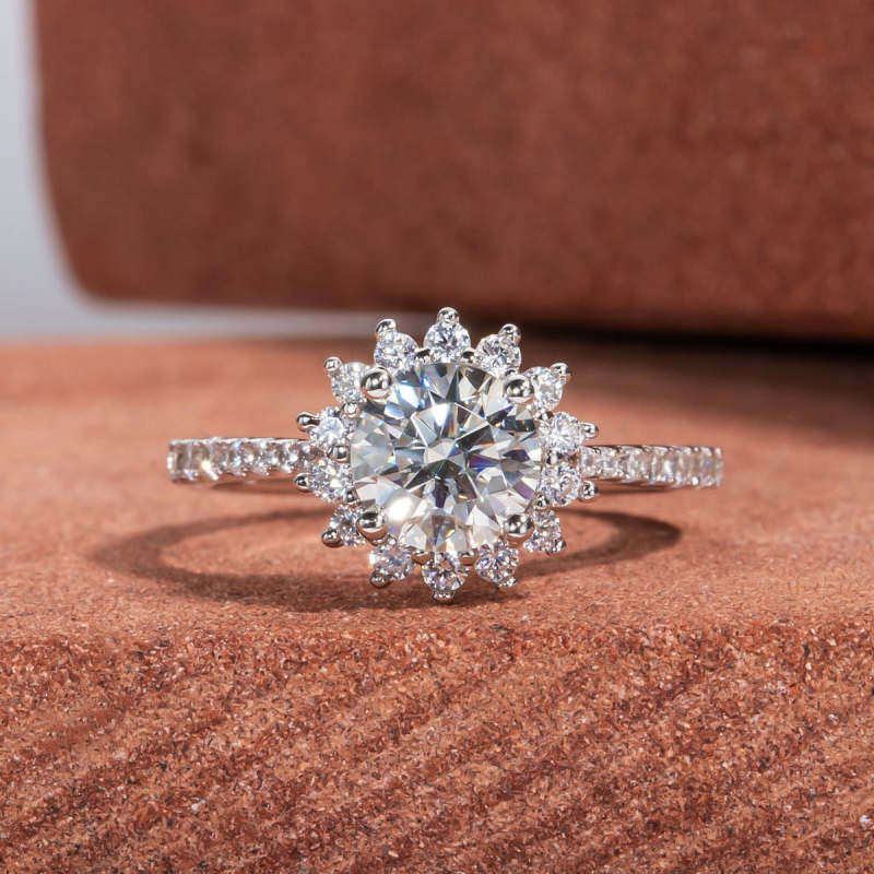 10K White Gold Round Cut Moissanite Sun Engagement Ring-3