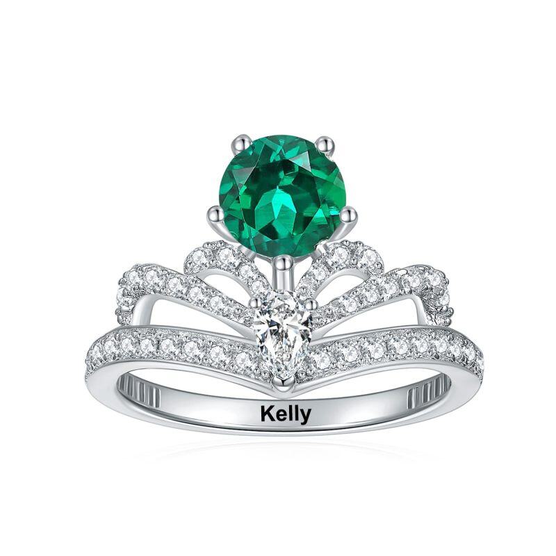 10K White Gold Round Shaped Cubic Zirconia Personalized Birthstone & Couple Ring-2