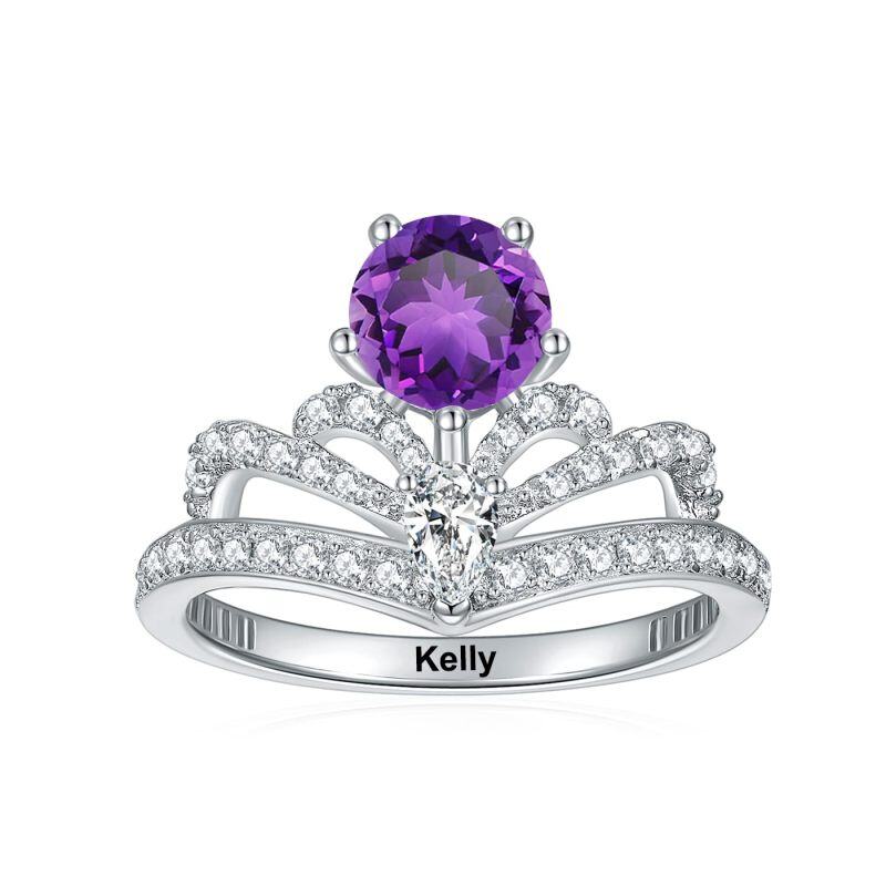 10K White Gold Round Shaped Cubic Zirconia Personalized Birthstone & Couple Ring-3