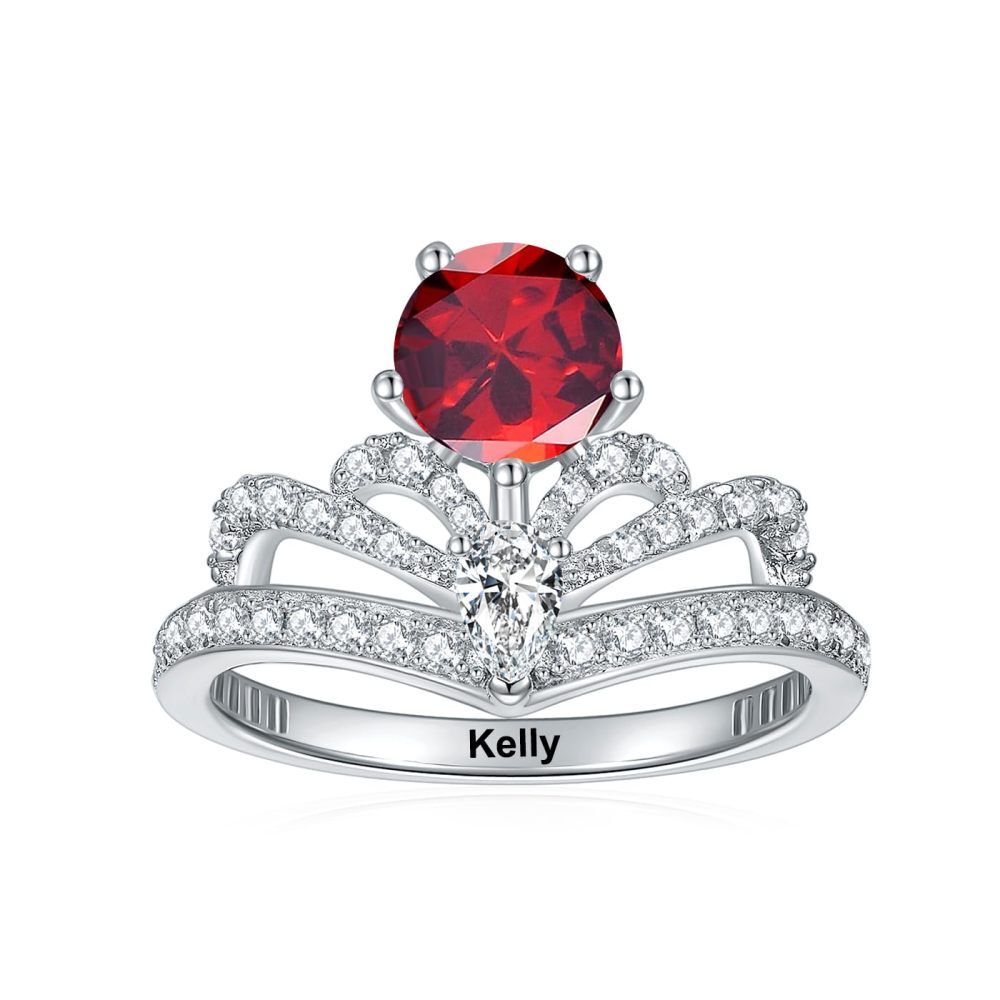10-karatowe białe złoto w kształcie koła z cyrkoniami Spersonalizowany pierścionek Birthstone & Couple Ring-4