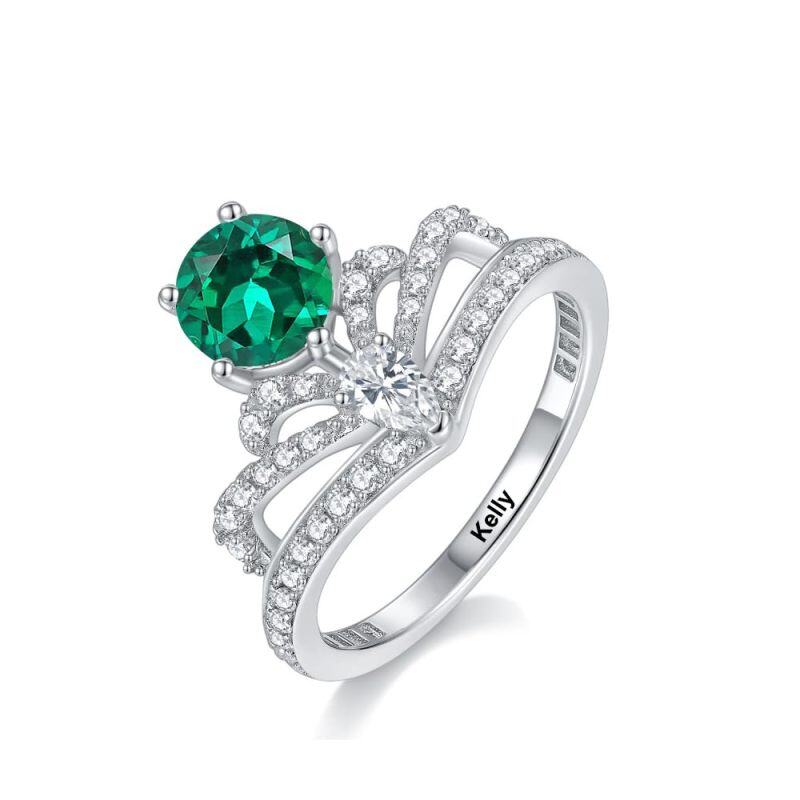 10K White Gold Round Shaped Cubic Zirconia Personalized Birthstone & Couple Ring-5