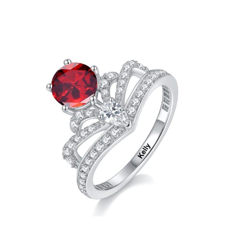 10K White Gold Round Shaped Cubic Zirconia Personalized Birthstone & Couple Ring-6