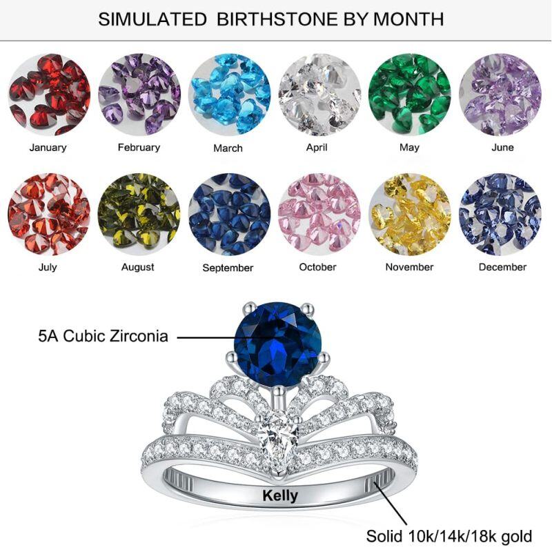 10K White Gold Round Shaped Cubic Zirconia Personalized Birthstone & Couple Ring-7