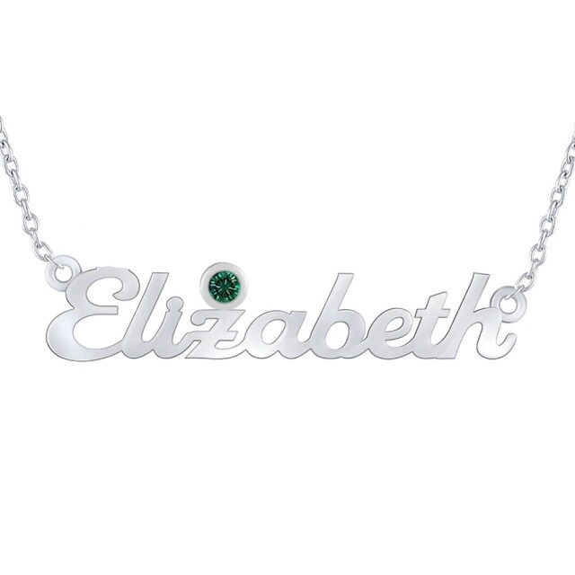 18K White Gold Circular Shaped Zircon Personalized Birthstone & Personalized Classic Name Pendant Necklace-1