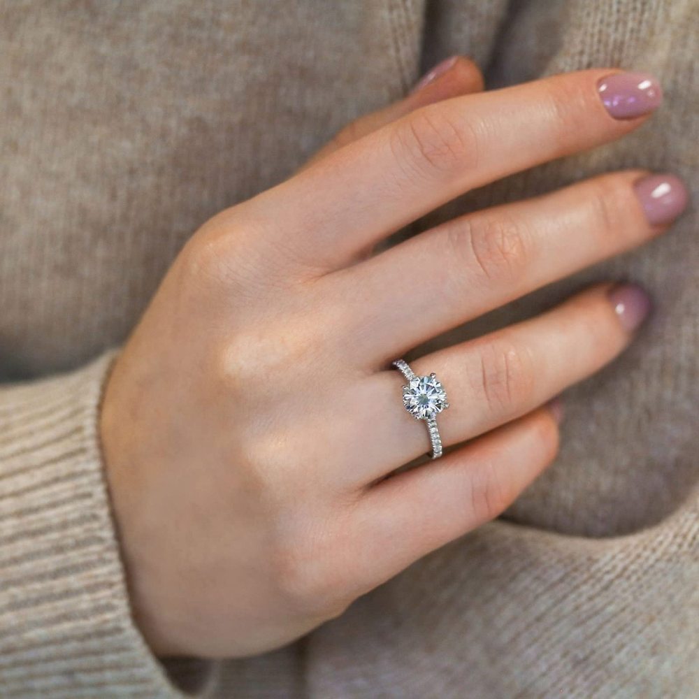 14K White Gold 1 CT Round Moissanite Wedding Ring-4