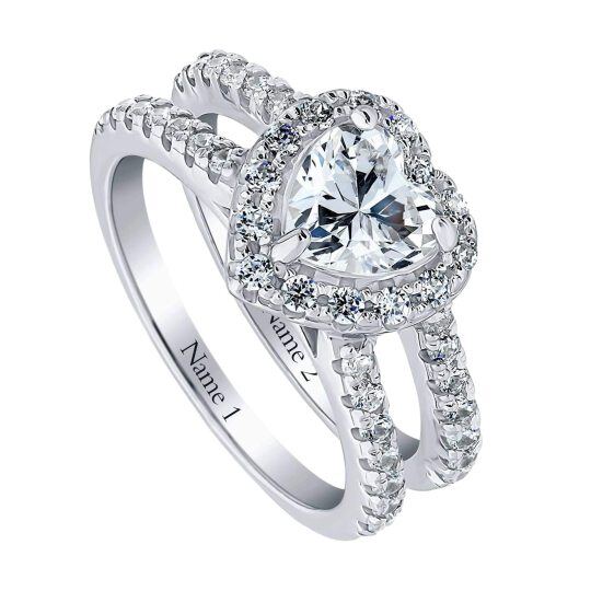 Bague de mariage en or blanc 10 carats avec gravure personnalisée en forme de cœur et moissanite 3 carats-1