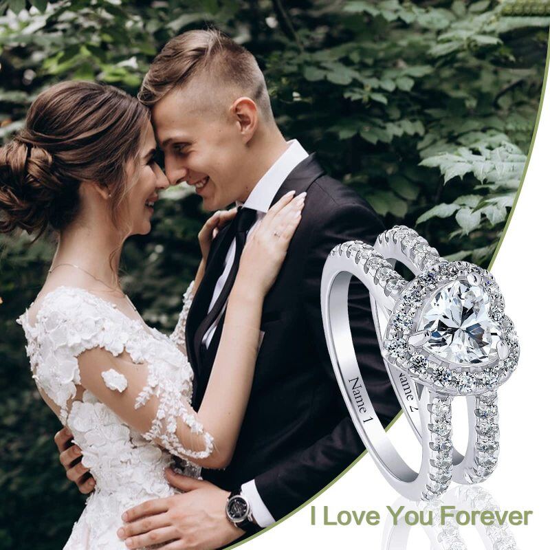 Sterling Silver 3 CT Heart Moissanite Personalized Engraving Wedding Ring-5