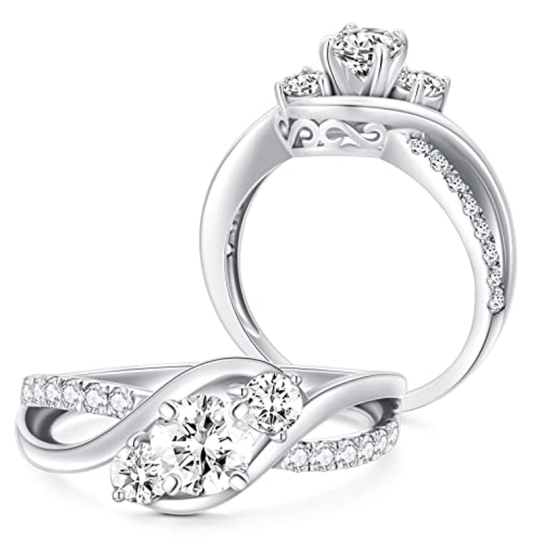 Bague de fiançailles pour couple en or blanc 18 carats avec gravure personnalisée en moissanite 1 ct