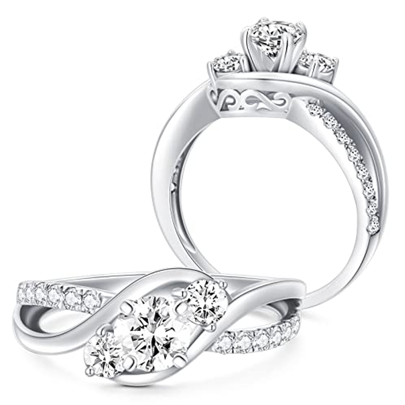 Anel de noivado de casal com gravura personalizada em ouro branco 10K e moissanita de 1 CT-3