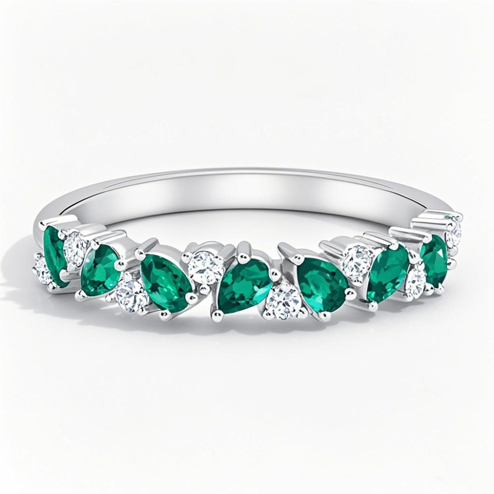 Aliança de casamento personalizada Eternity em ouro branco 18K, 1 ct.T.W., lapidação pera, esmeralda criada em laboratório, diamante de lapidação redonda-1