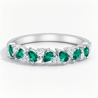 10K White Gold 1 CT.T.W. Pear Cut Lab Created Emerald & Round Cut Diamond Eternity Custom Wedding Band-19