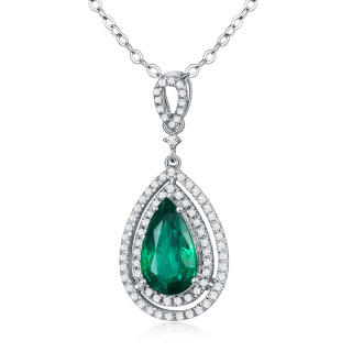 10K White Gold Diamond & Emerald Drop Shape Pendant Necklace-37