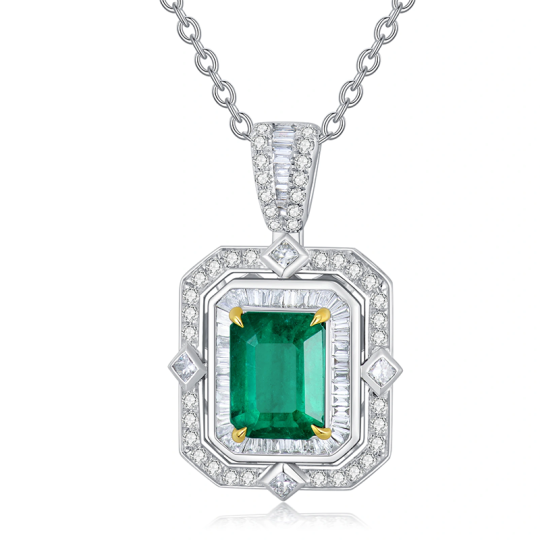 14K White Gold Diamond Emerald Pendant Necklace