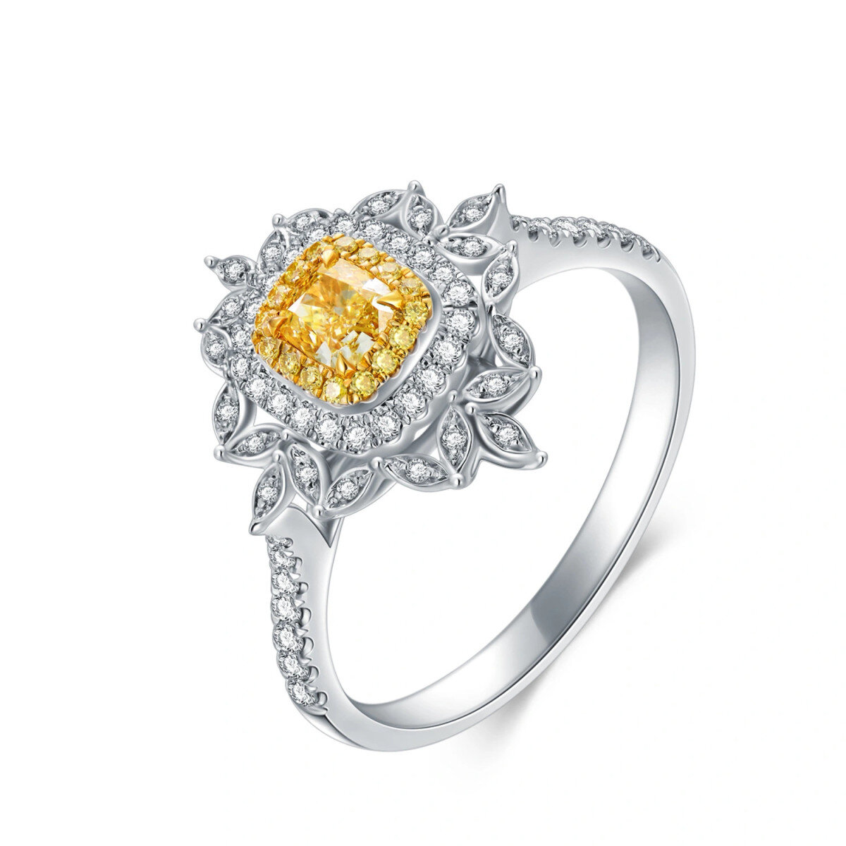 18 Karat Weißgold-Verlobungsring mit Diamanten und Sonnenblumenmotiv-3