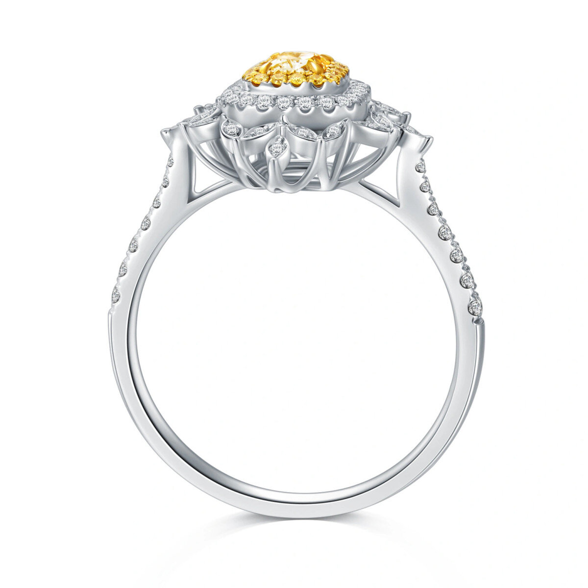 18 Karat Weißgold-Verlobungsring mit Diamanten und Sonnenblumenmotiv-4