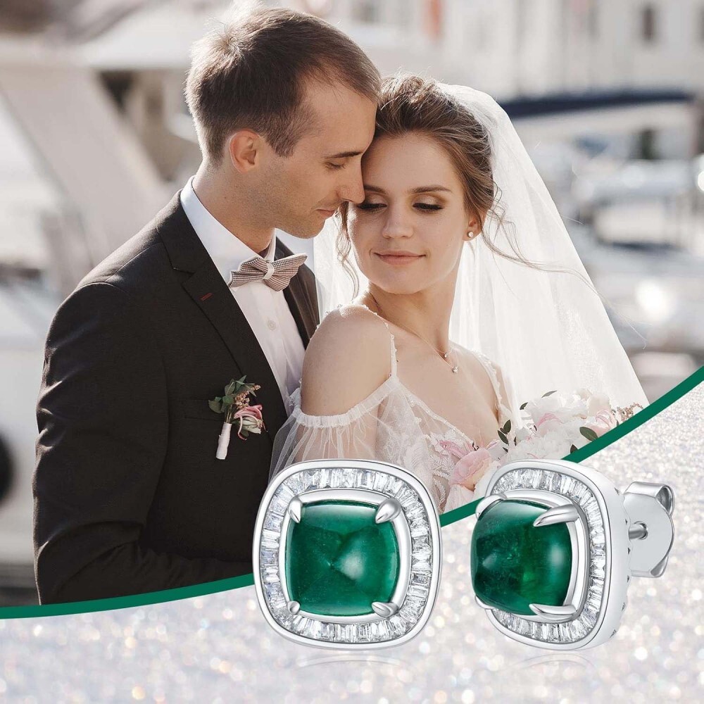 Brincos de pino quadrado de casal de esmeralda de ouro branco 10K para mulheres, noivado, casamento-6