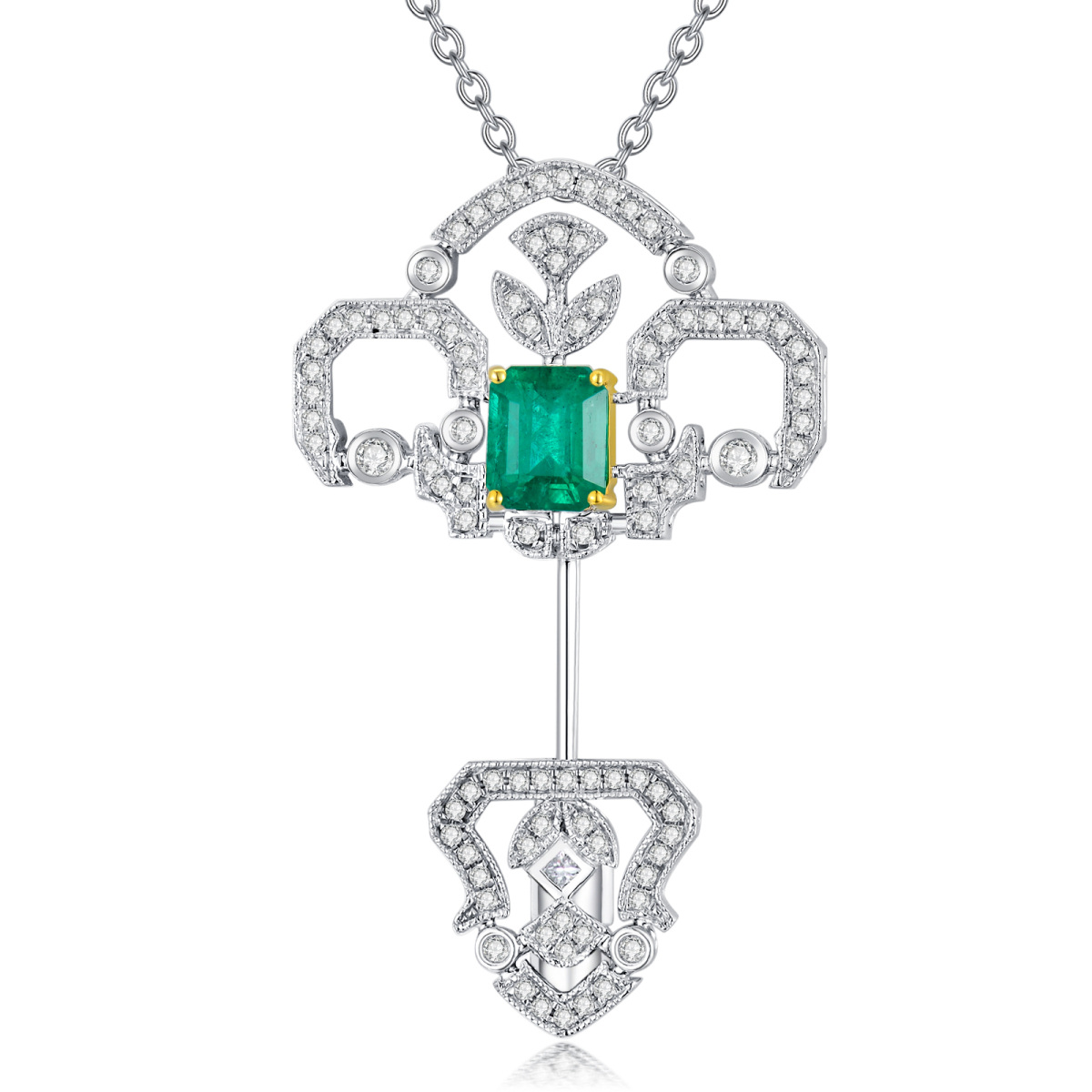 10K White Gold Emerald Key Pendant Necklace-1