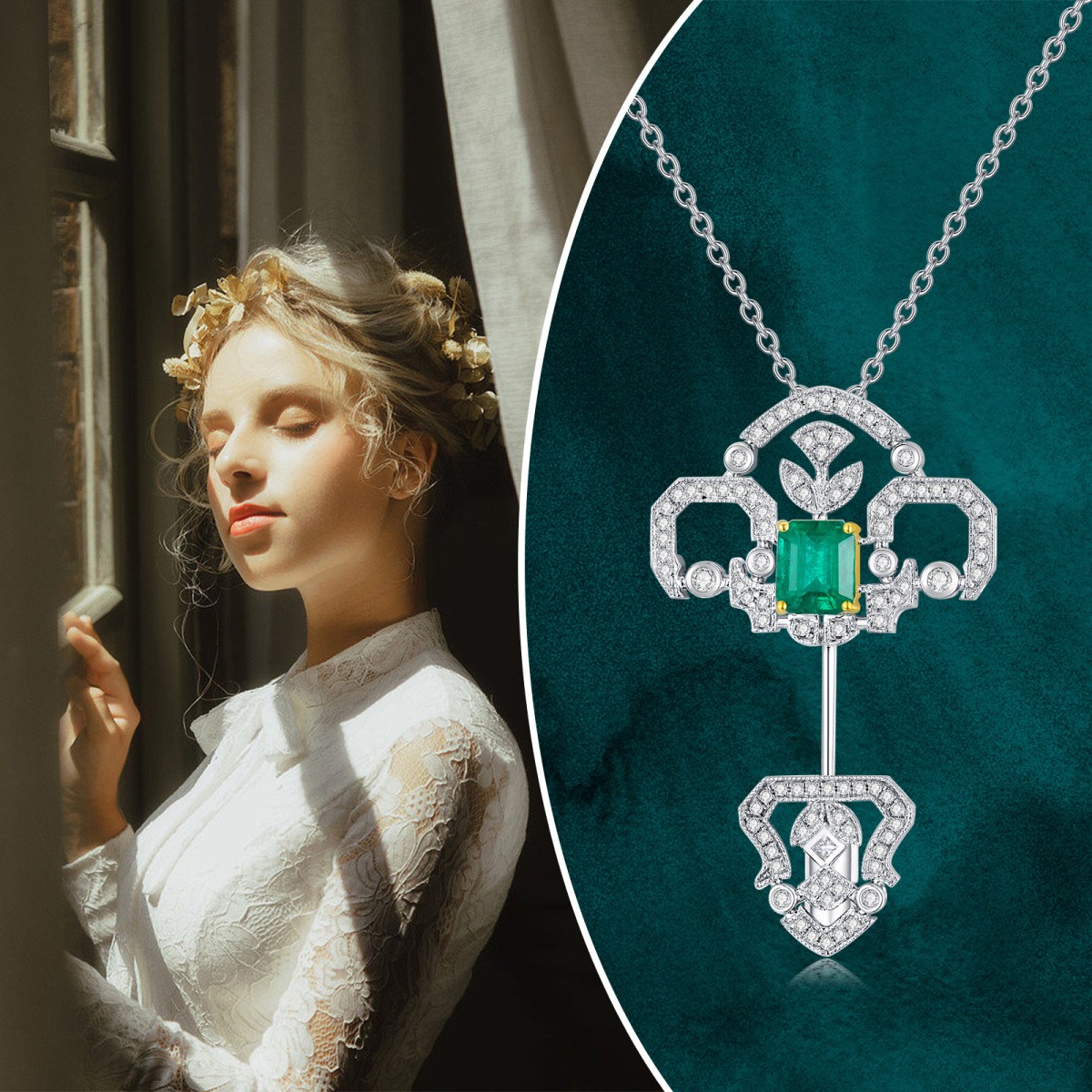 10K White Gold Emerald Key Pendant Necklace-3