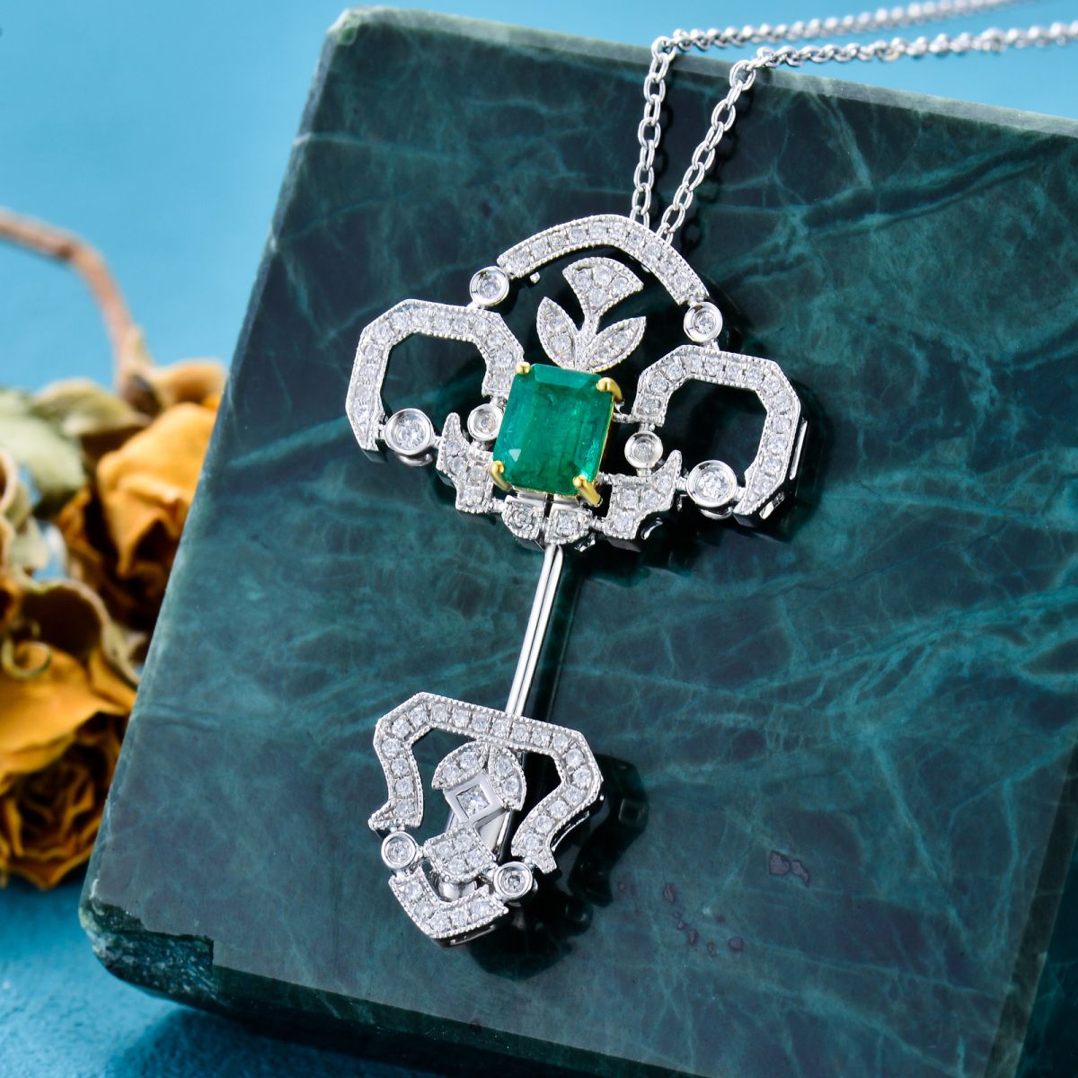 10K White Gold Emerald Key Pendant Necklace-4