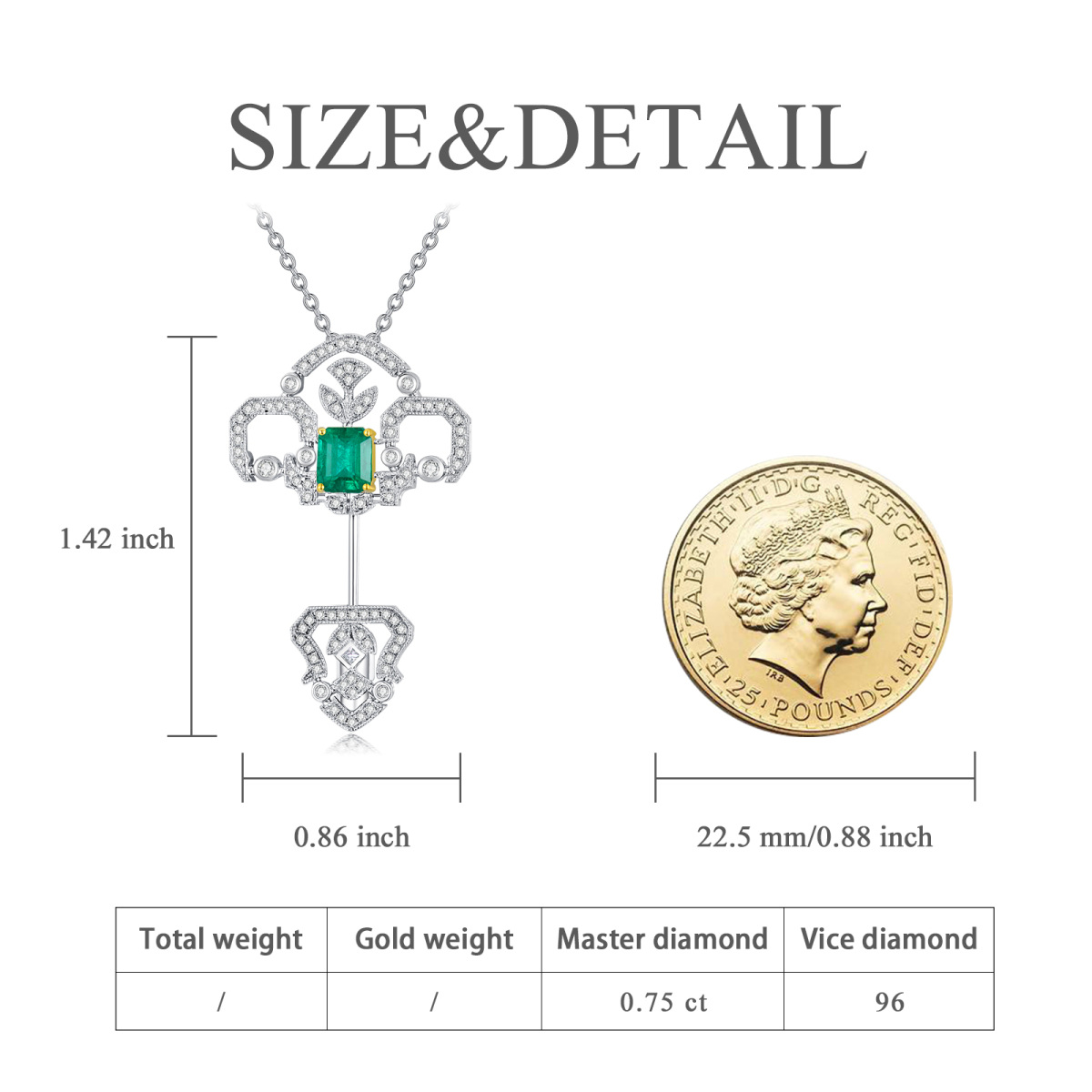 10K White Gold Emerald Key Pendant Necklace-6