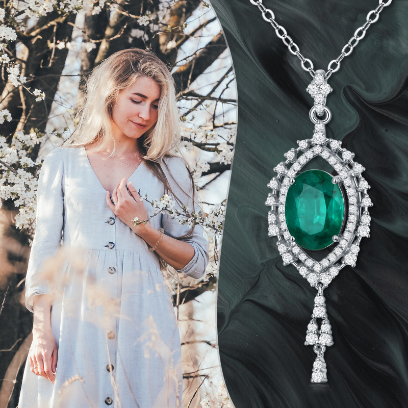 10K White Gold Emerald Oval Shaped Pendant Necklace-4