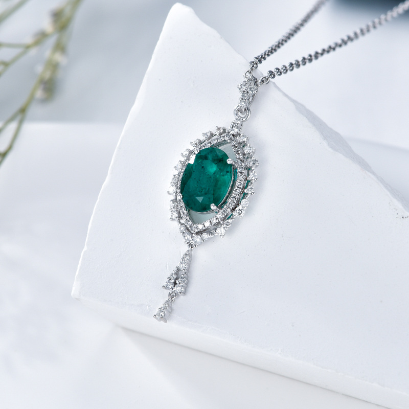 10K White Gold Emerald Oval Shaped Pendant Necklace-5