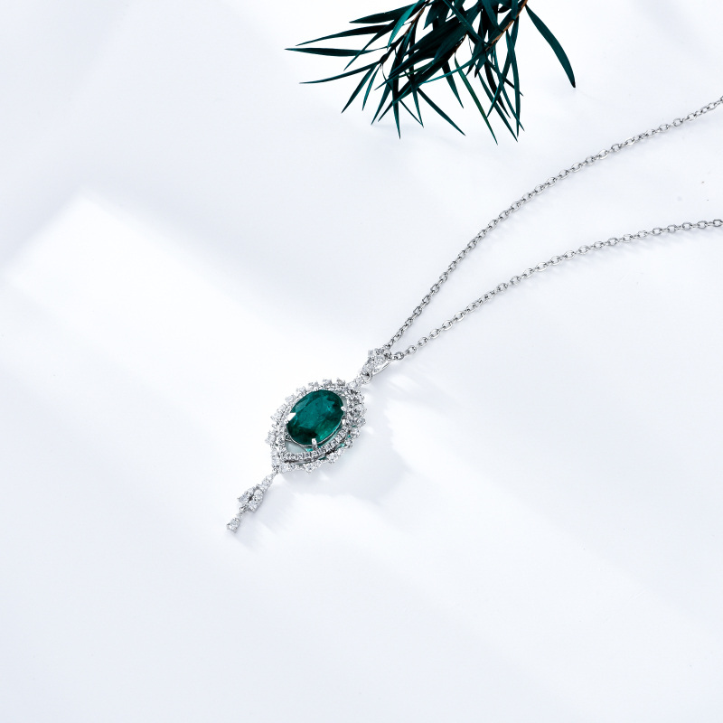 10K White Gold Emerald Oval Shaped Pendant Necklace-6