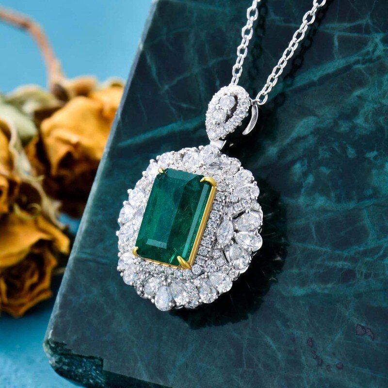Collar redondo de oro blanco de 10 quilates con esmeralda para mujer-3