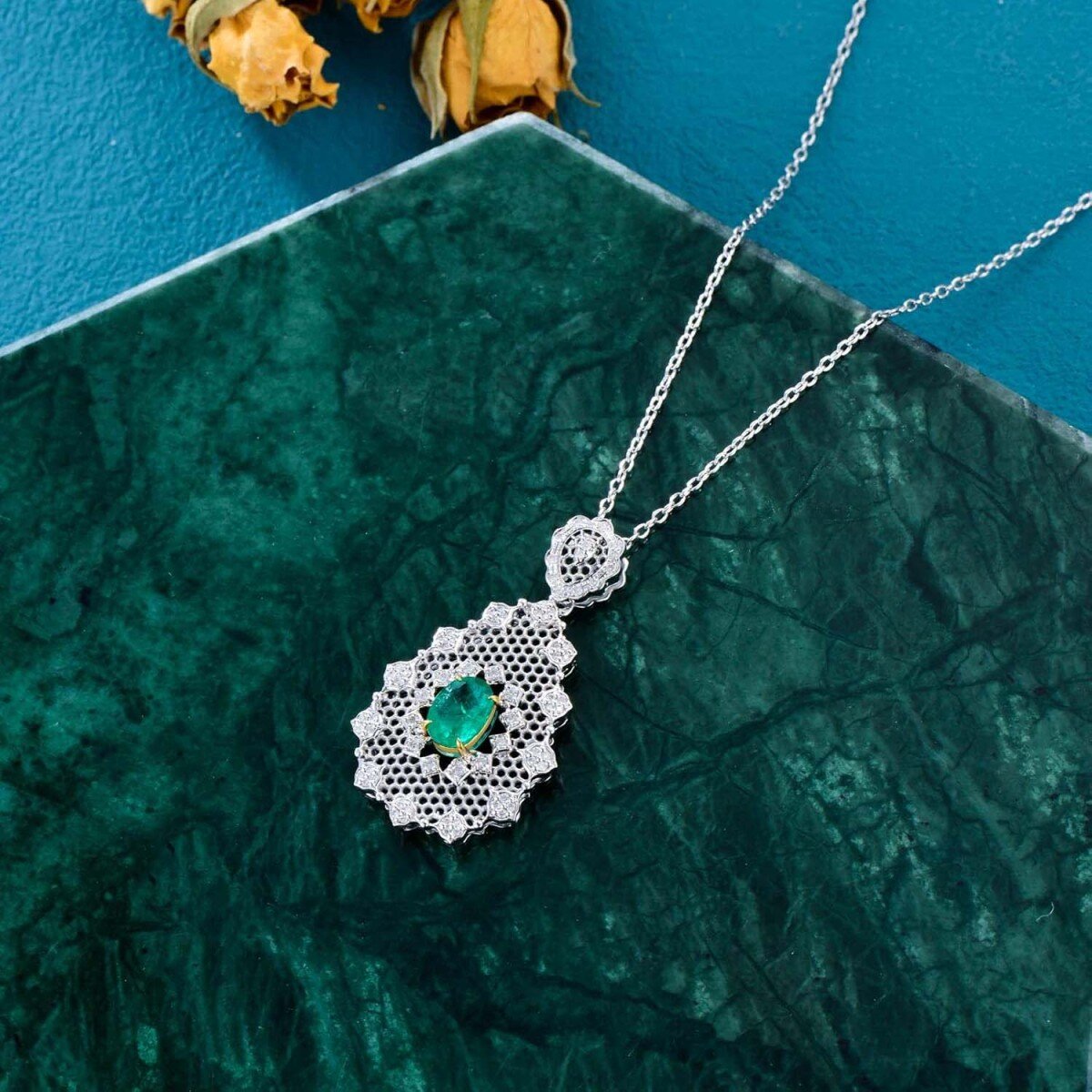 10K White Gold Emerald Square Necklace Engagement Wedding Gift for Her-3