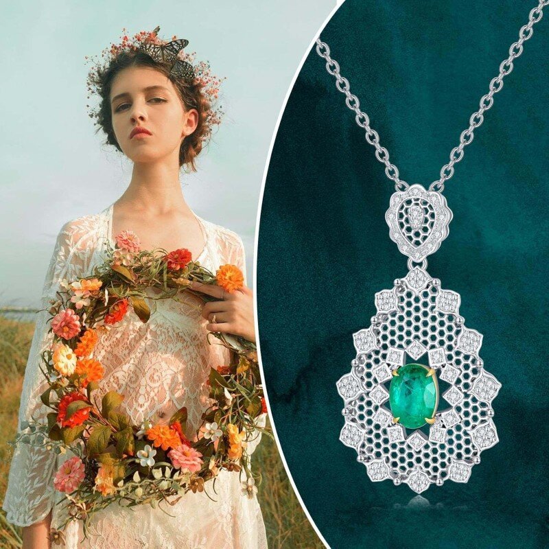 Collier carré en or blanc 18 carats et émeraude, cadeau de fiançailles ou de mariage pour elle-6