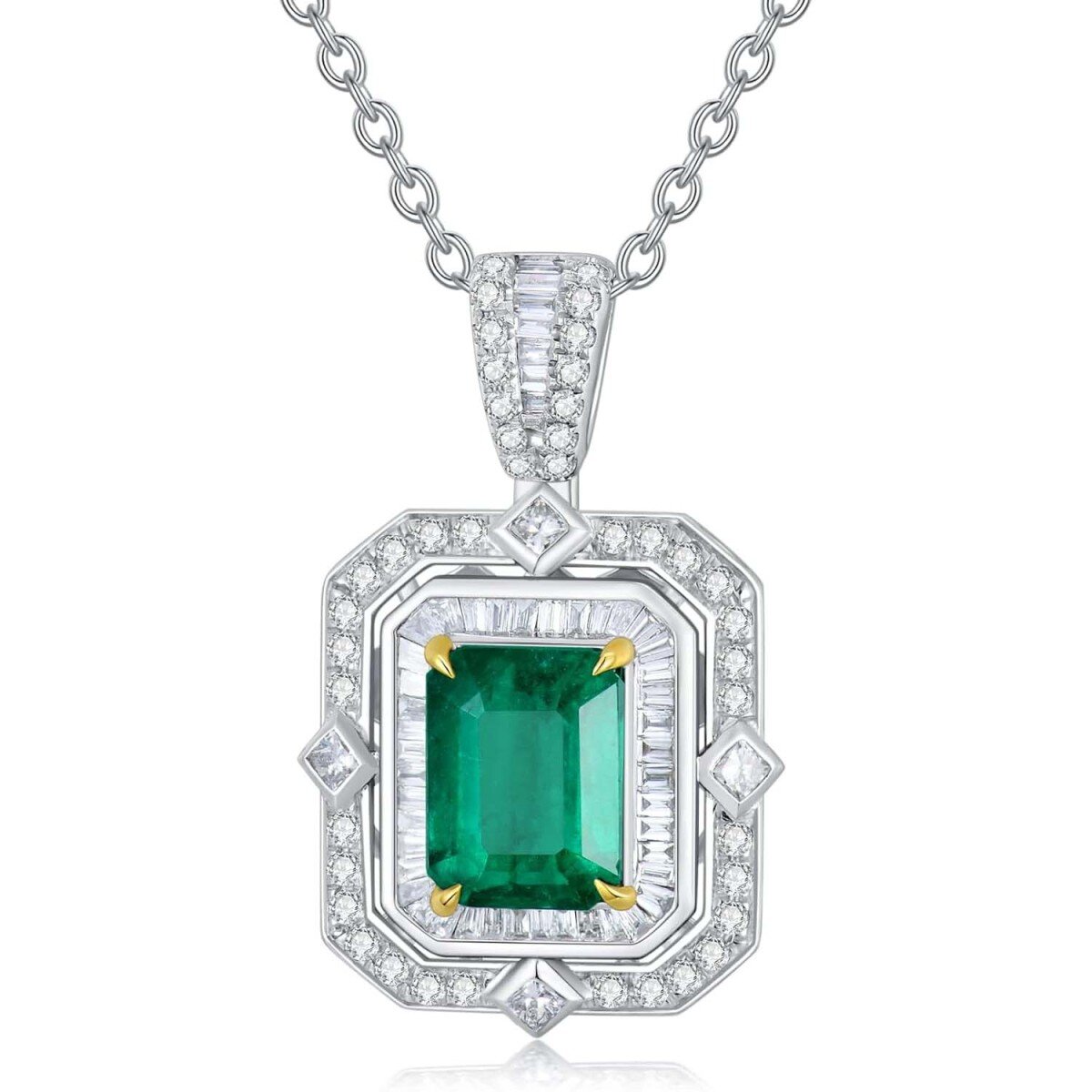 18K White Gold Emerald Square Rolo Chain Necklace for Women-1