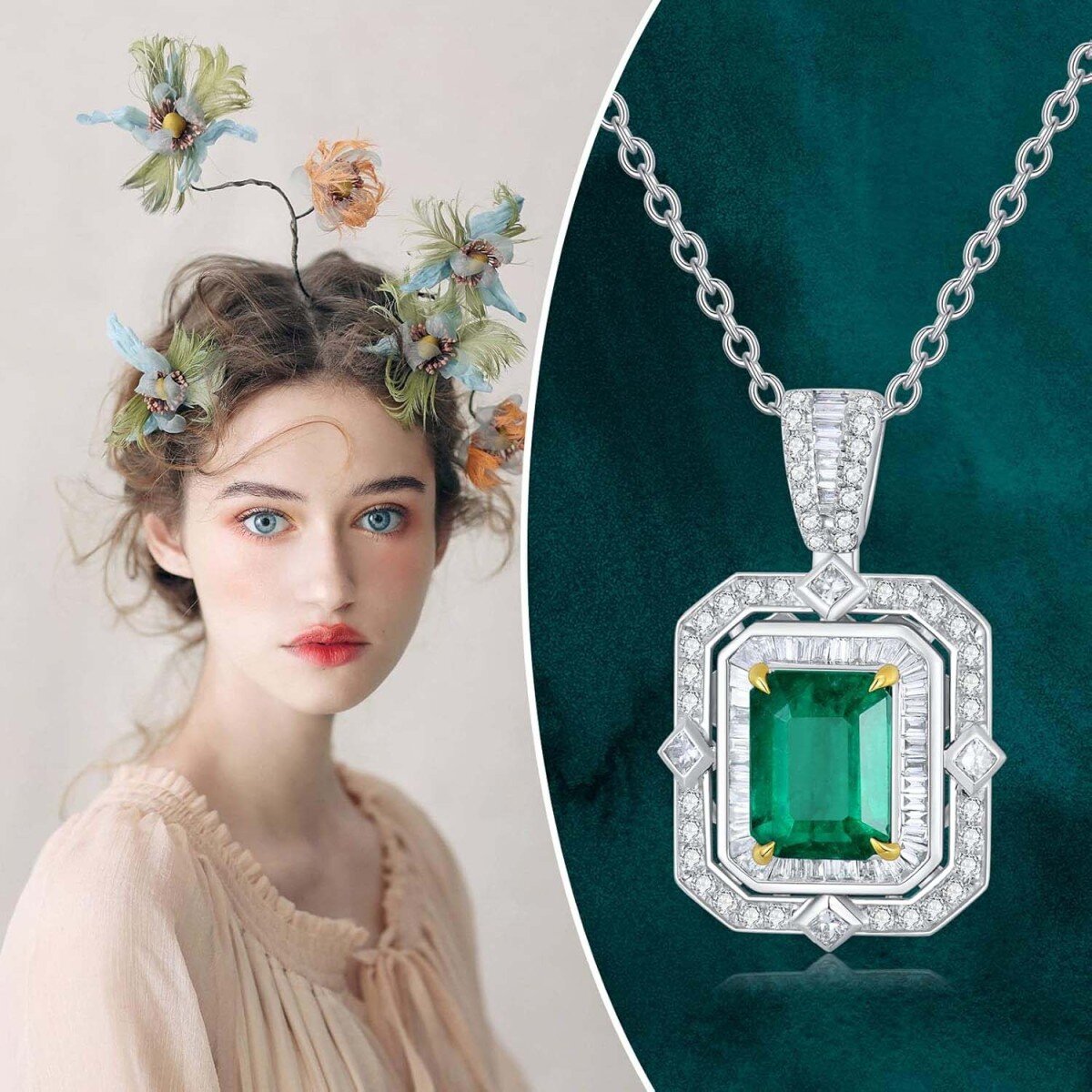 18K White Gold Emerald Square Rolo Chain Necklace for Women-6