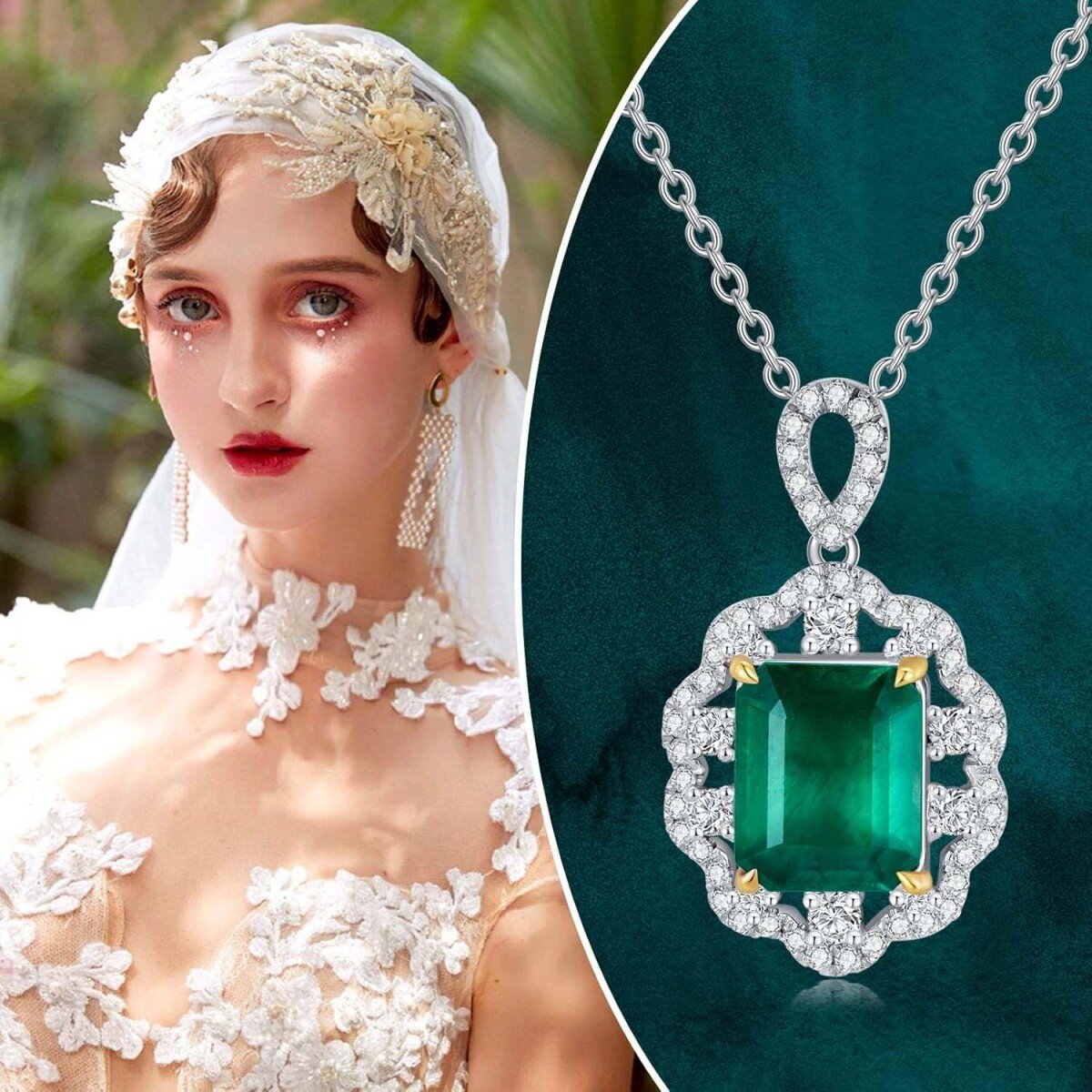 10K White Gold Emerald Wildflowers Necklace Engagement Wedding Gift for Her-6