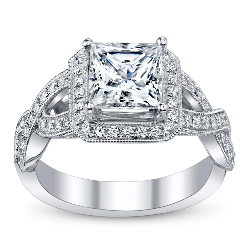 Anillo de compromiso de oro blanco de 10 quilates con halo de corte princesa y piedra de nacimiento personalizada, banda cruzada-1