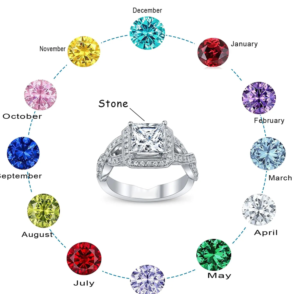 Anillo de compromiso de oro blanco de 10 quilates con halo de corte princesa y piedra de nacimiento personalizada, banda cruzada-3