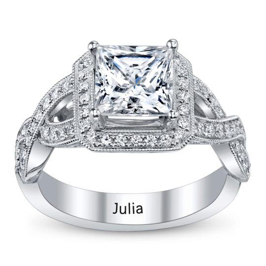 10K White Gold Halo Princess-cut Personalized Birthstone Engagement Ring Criss Cross Band