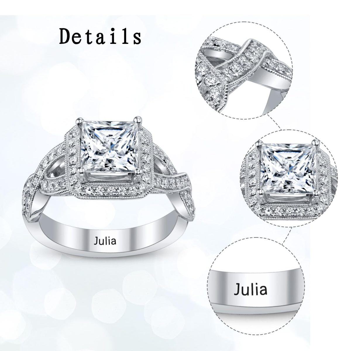 18K White Gold Halo Princess-cut Personalized Birthstone Engagement Ring Criss Cross Band-5