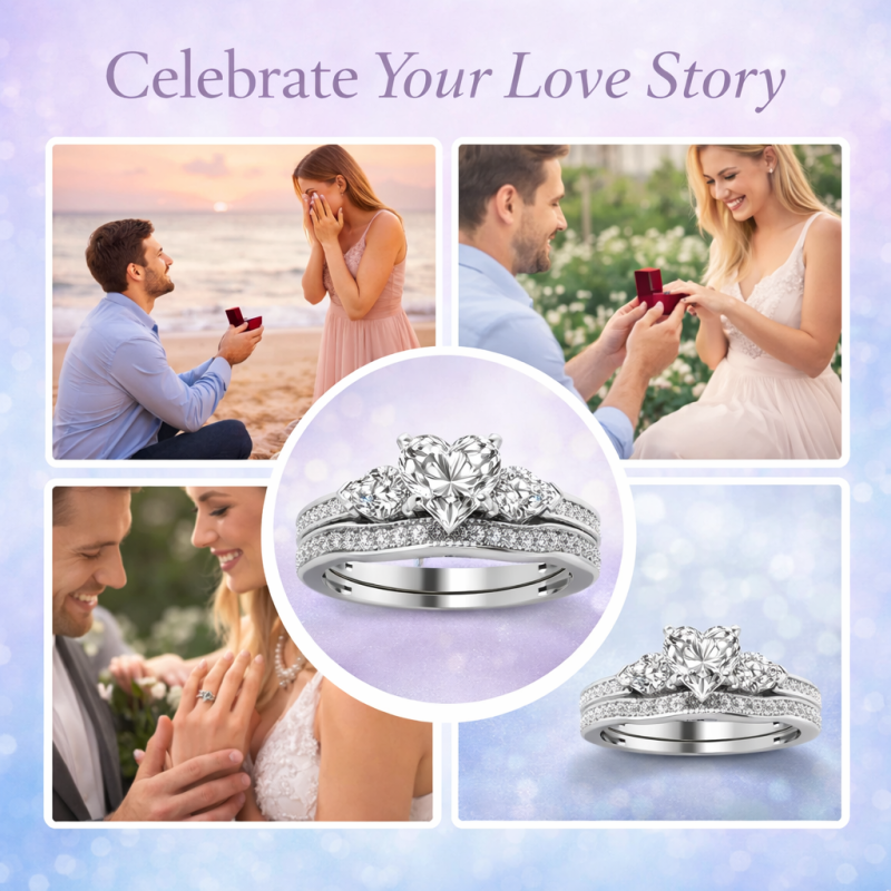 Ensemble de bijoux de mariage en moissanite taillée en cœur en or blanc 14K-6