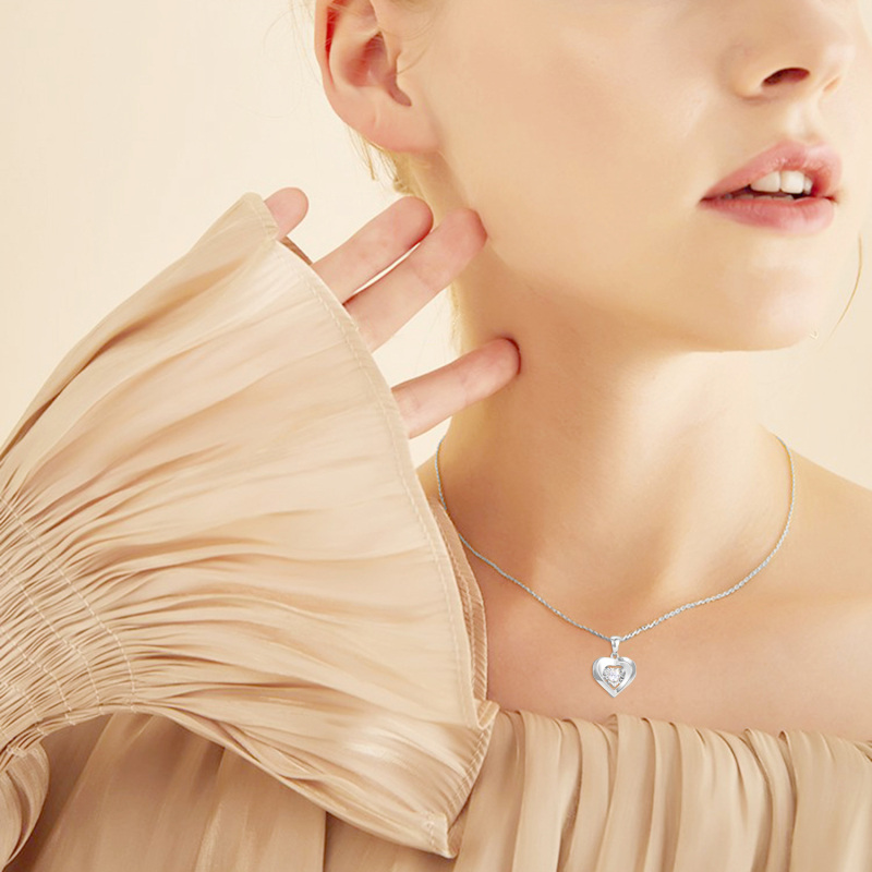 10K White Gold Cubic Zirconia Heart With Heart Pendant Necklace-2