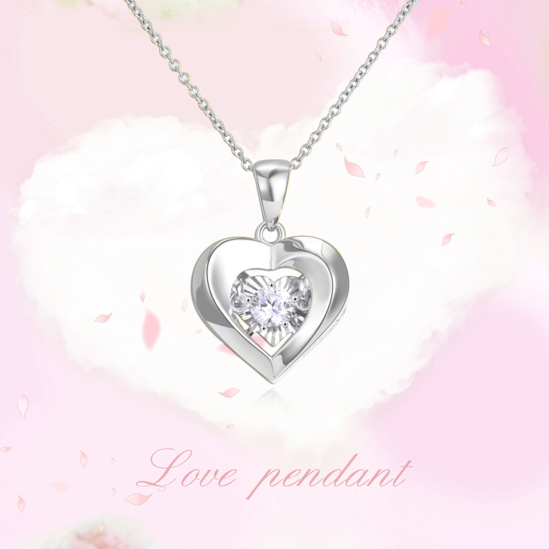 10K White Gold Cubic Zirconia Heart With Heart Pendant Necklace-4