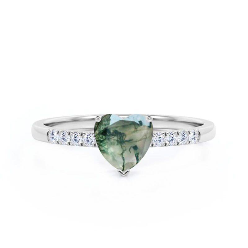 10K White Gold Heart Shaped Moss Agate Personalized Engraving Engagement Ring Band-1