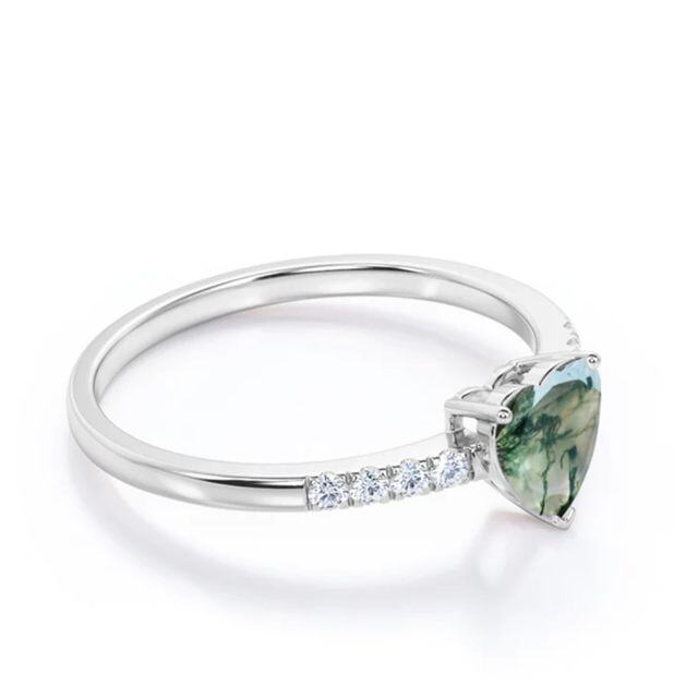 10K White Gold Heart Shaped Moss Agate Personalized Engraving Engagement Ring Band-3